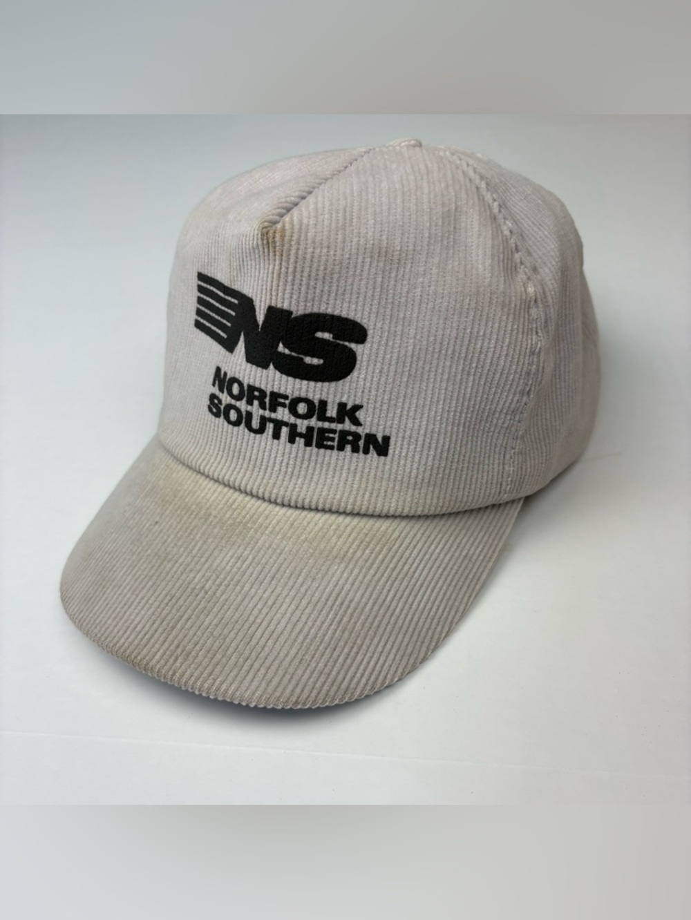 Vintage Norfolk Southern Railroad Hat Cap Beige Corduroy Logo Flaws Used Adjusts